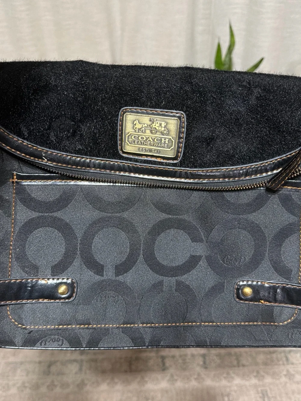 Coach Black Signature Canvas Shoulder Bag with Leather Trim